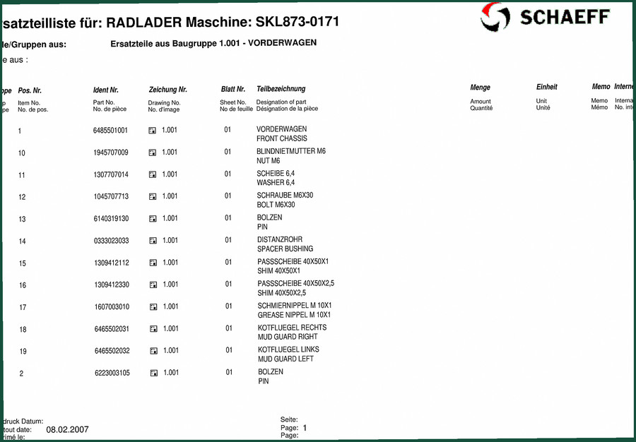 Schaeff SKL873-0171 2007 Parts Catalog – OEM Part Identification