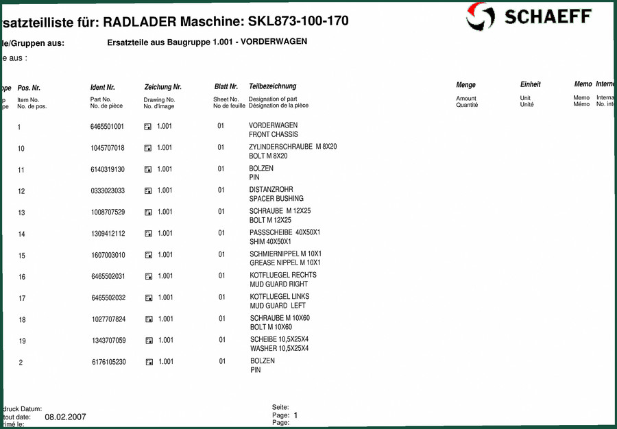 Schaeff SKL873-100 2007 Parts Catalog – OEM Parts Data