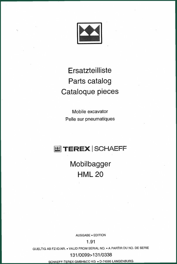 Terex Schaeff HML 20 1991 Parts Catalog – OEM Parts Data for Mobile Excavator