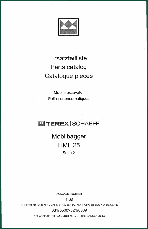 Terex Schaeff HML 25 1989 Parts Catalog – 110 Pages OEM