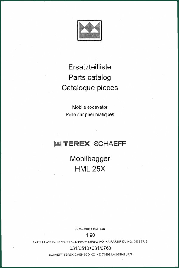 Terex Schaeff HML 25X 1990 Parts Catalog – OEM Parts Data