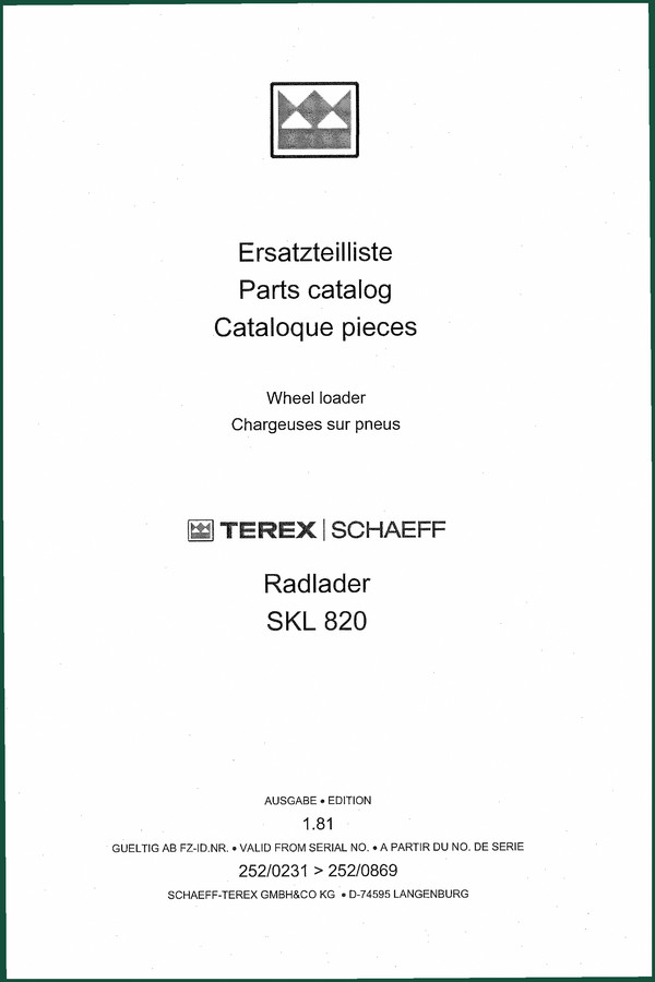 Terex Schaeff SKL 820 1981 Parts Catalog – 178 Pages OEM Parts Data