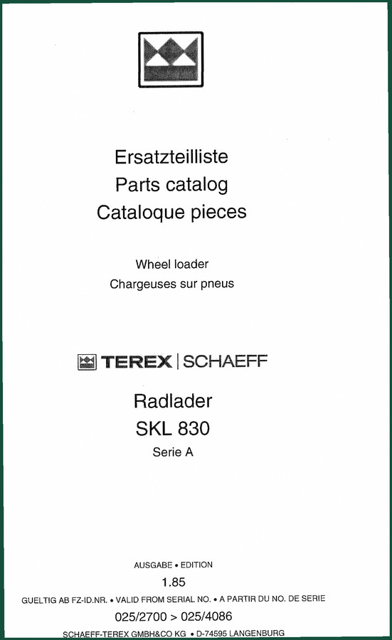 Terex Schaeff SKL 830 1985 Parts Catalog – OEM Parts Data