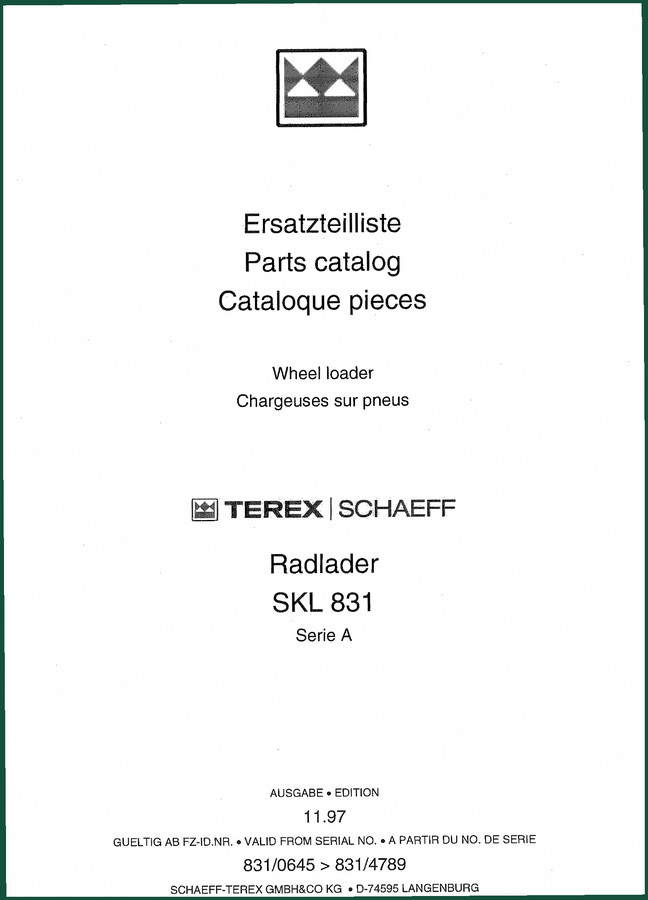 Terex Schaeff SKL 831 1997 Parts Catalog – OEM Parts Data