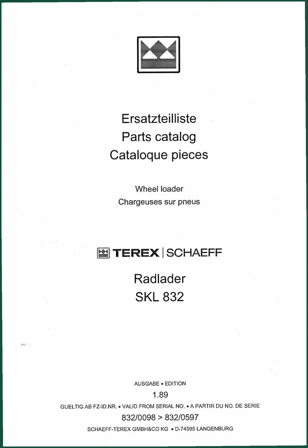 Terex Schaeff SKL 832 1989 Parts Catalog – OEM Exploded Views & Part Numbers