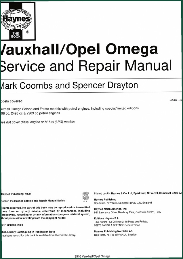Vauxhall Omega 1999 Repair Manual – Factory Specs for 2.0-3.0 Litre