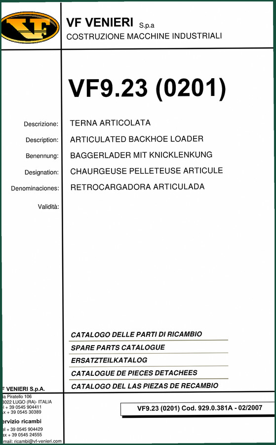 VF Venieri VF9.23 2007 Parts Catalog – Official OEM Exploded Views