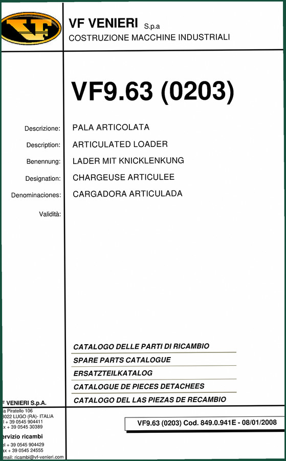 VF Venieri VF9.63 2008 Parts Catalog – 278 Pages OEM