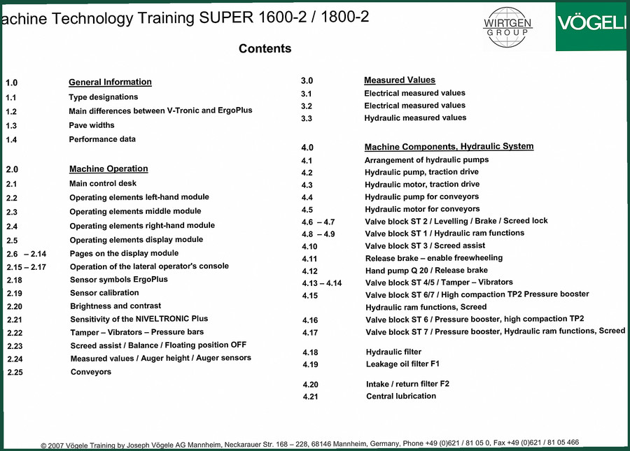 Vögele SUPER 1600-2, SUPER 1800-2 2007 Training Manual | Factory Specs
