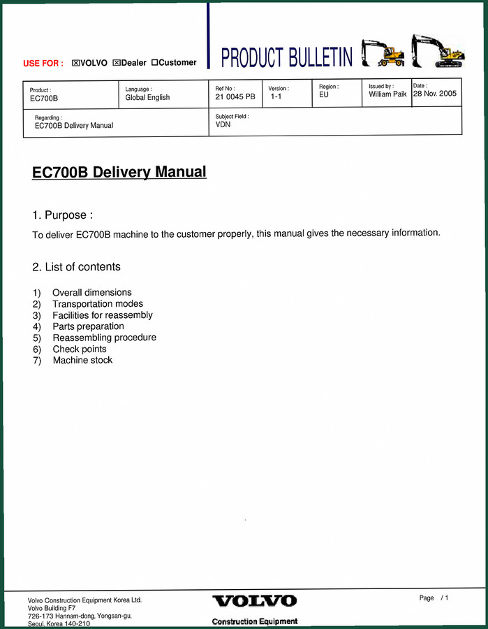 Volvo Trucks EC700B 2005 Technical Manual – Factory Delivery Specs