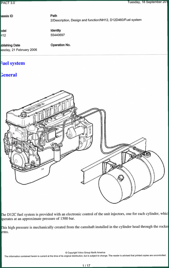 Volvo Michigan Euclid NH12 2006 Technical Manual – 17 Pages, Fuel System Specs
