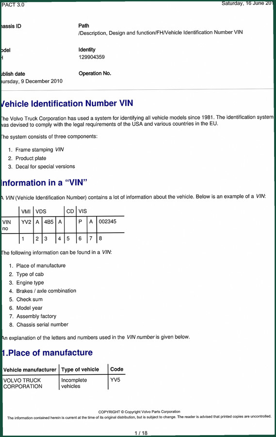 Volvo Truck FE, FH, FL7, FL10, FL12 Technical Manual – 18-Page VIN & Engine Code Guide