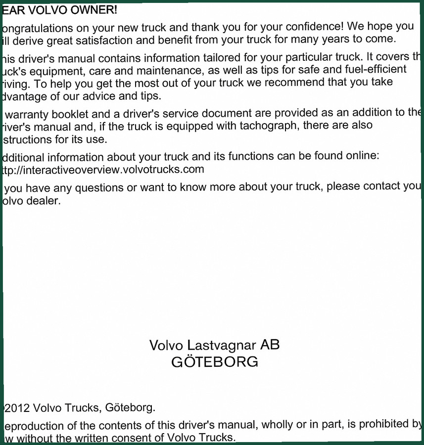 Volvo Trucks Truck 2012 Operators Manual – Factory Specs & Maintenance