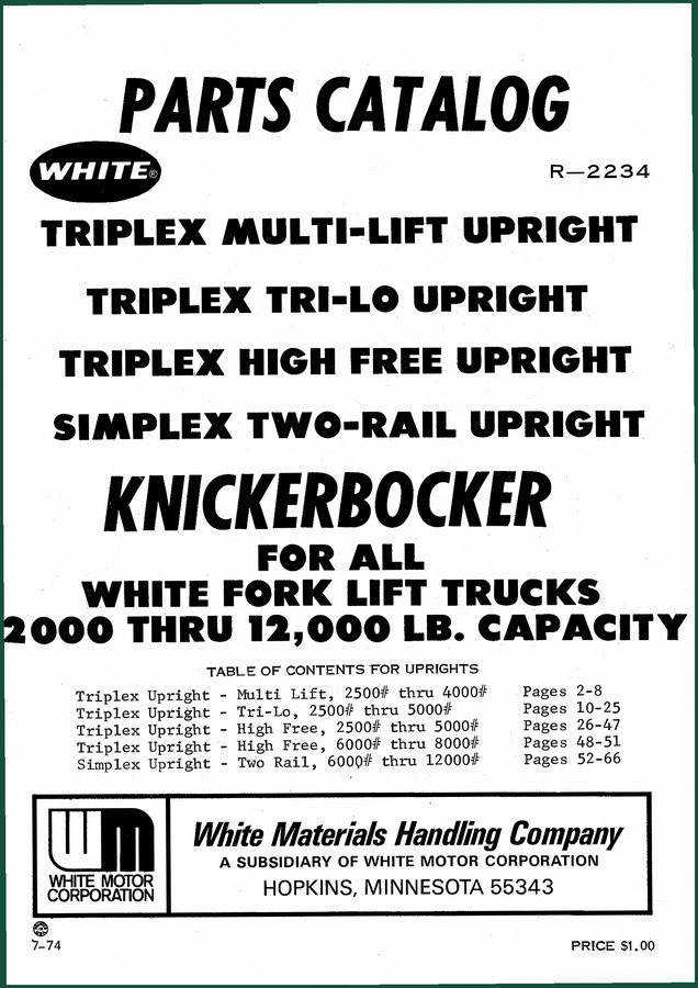 White TRIPLEX MULTI LIFT 1974 Parts Catalog – OEM Exploded Views