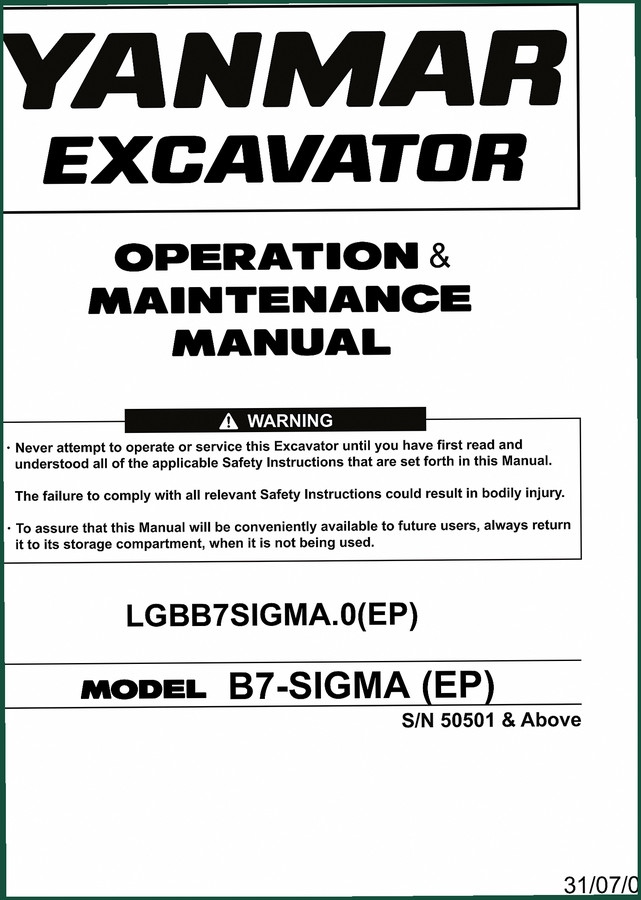 Yanmar B7-SIGMA 2003 Operators Manual – OEM Specs & Safety