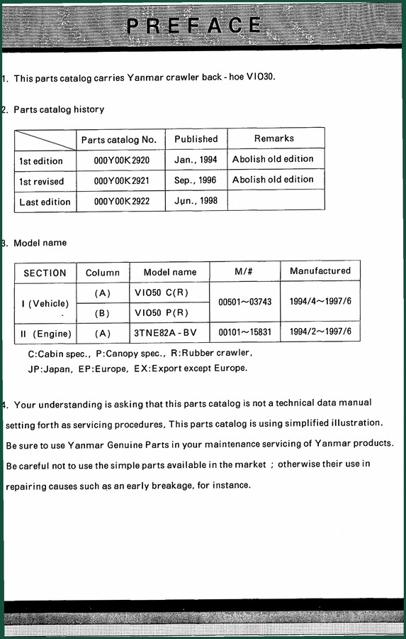 Yanmar V1030 C, V1050 P 1998 Parts Catalog – OEM Specs & Wiring
