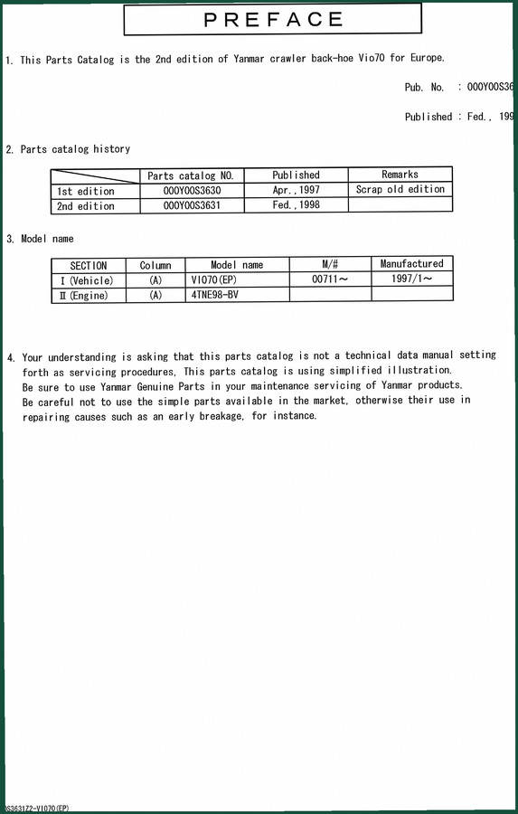 Yanmar V1070 1998 Parts Catalog – OEM Specs & Wiring