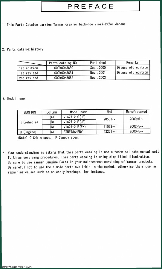 Yanmar Vio27-2 C/P/P(EX) 3TNE78A-EBV 2003 Parts Catalog