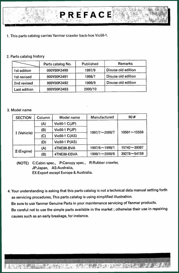 Yanmar Vio50-1 C(JP), P(JP), C(AS), P(AS), 4TNE88-BVA 2000 Parts Catalog