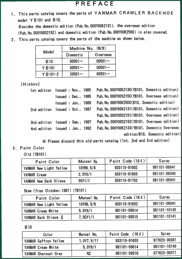 Yanmar YB101 B10 Parts Catalog 126 Pages OEM Parts Manual
