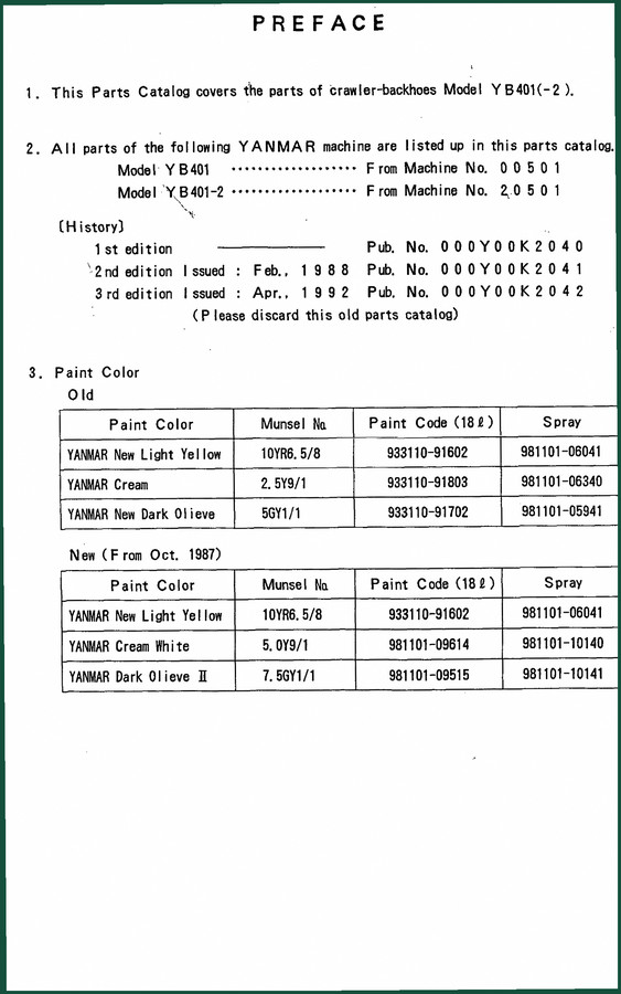 Yanmar YB401, YB401-2, YB401(-2)-UC, YB401(-2)-UZP 1992 Parts Catalog