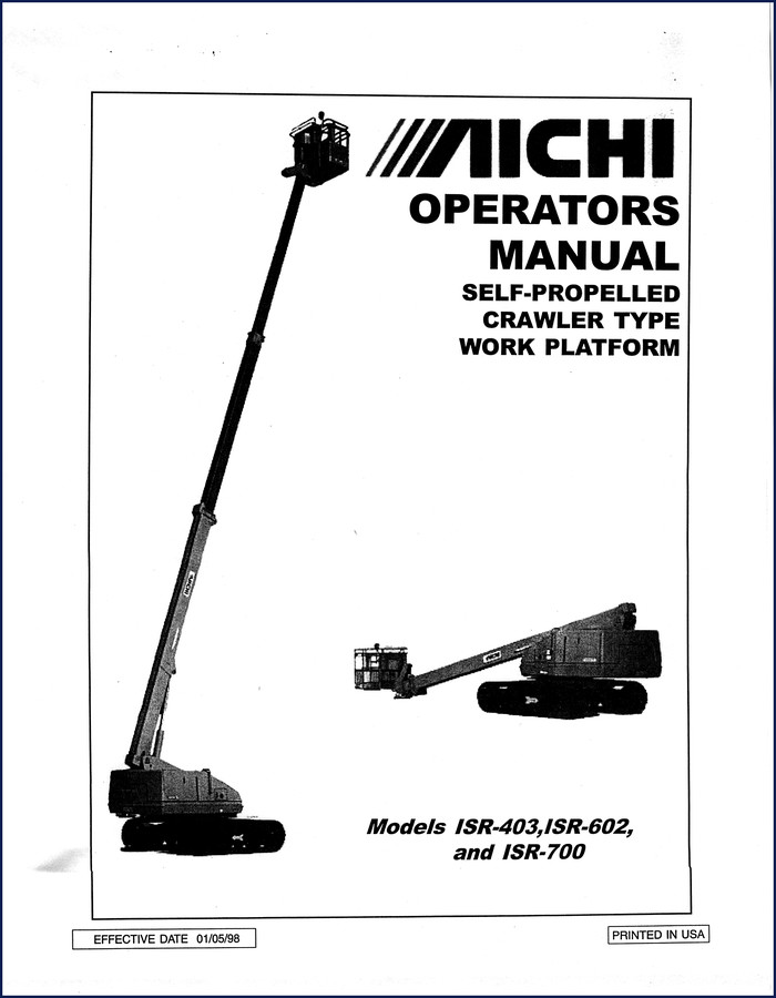 Aichi ISR-403 ISR-602 ISR-700 Operators Manual cover page showing self-propelled crawler type work platform