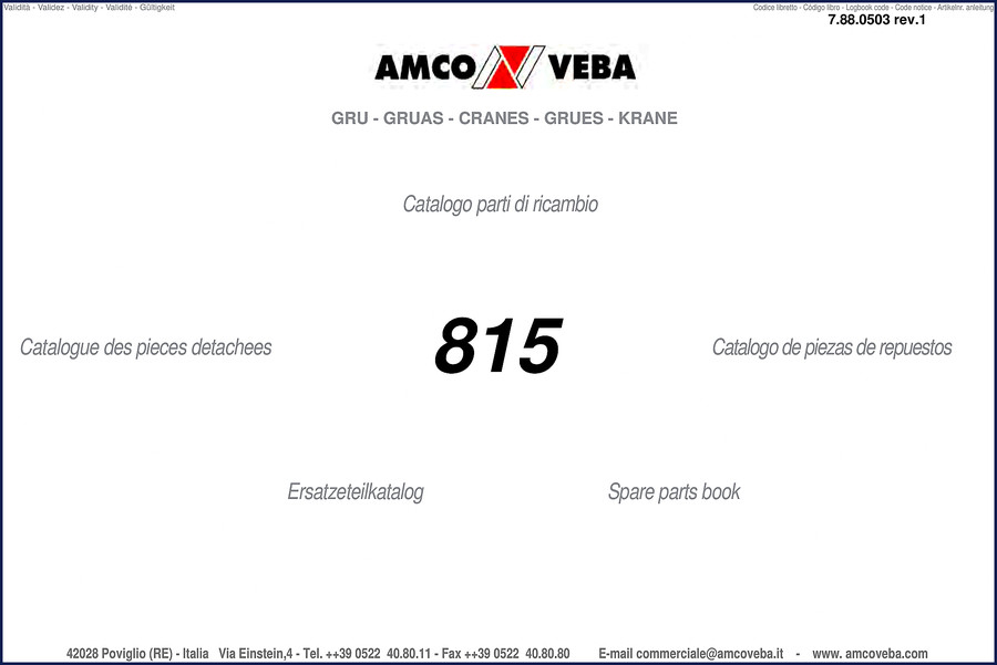 AMC Valente 815 parts catalog cover showing crane model and logbook code 7.88.0503 rev.1