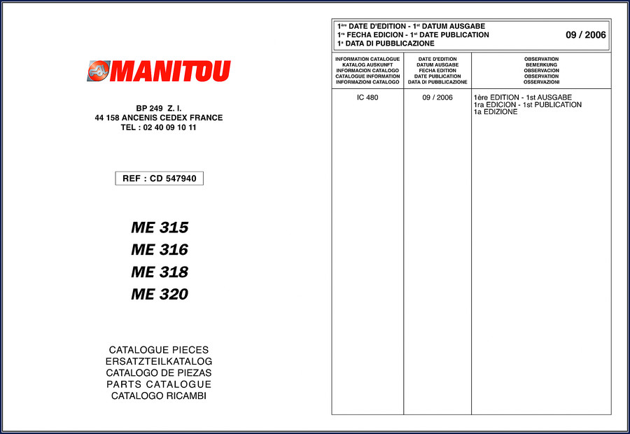 Ancenis ME 315, ME 316, ME 318, ME 320 2006 Parts Catalog cover – factory OEM parts listing