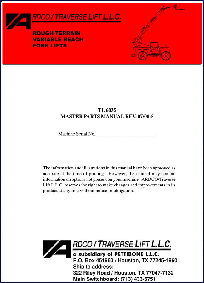 Ardco/traverse Lift TL6035 2000 Parts Catalog cover page showing rough terrain forklift
