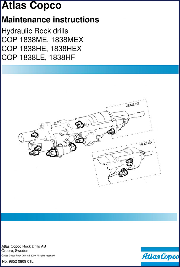 Atlas Copco COP 1838ME 2009 Service Manual cover showing hydraulic rock drill