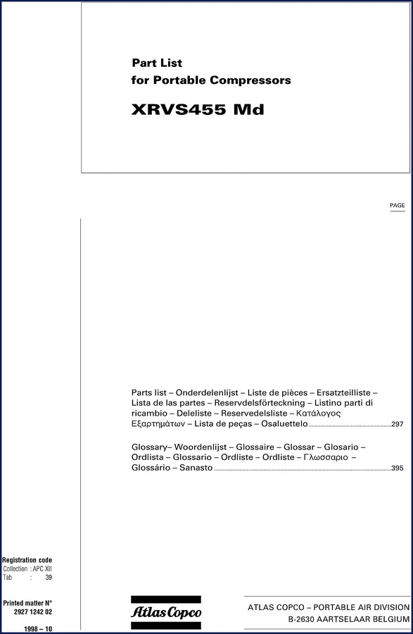 Atlas Copco XRVS455Md 1998 Parts Catalog front cover