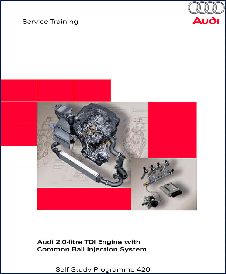 Audi 2.0-litre TDI Training Manual cover showing engine cutaway and common rail injection components