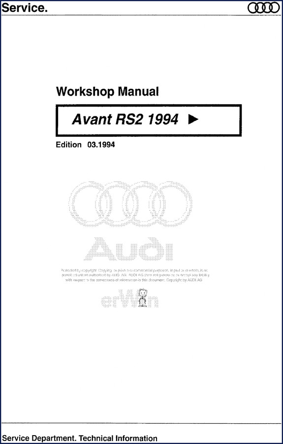 Audi Avant RS2 1994 Workshop Manual cover page showing Avant RS2 model and OEM logo