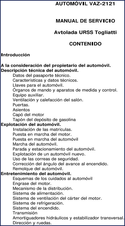 Avtolada VAZ-2121 Service Manual cover page showing manual de servicio and Russian 4x4 vehicle