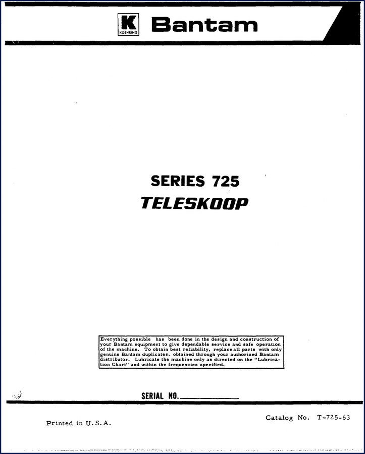Bantam 725 Teleskoop Parts Catalog cover showing series 725 and Koehring logo