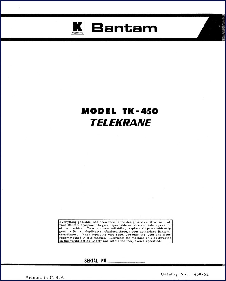 Bantam TK-450 Parts Catalog cover – 193 pages OEM factory parts breakdown for telekrane