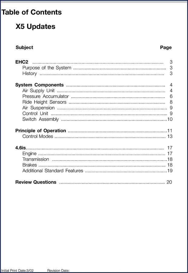 2002 BMW X5 Training Manual cover showing EHC2 air suspension diagram and 4.6is badge
