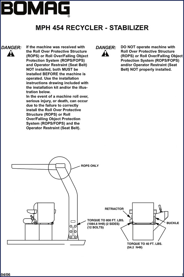 Bomag MPH 454 Technical Manual cover showing recycler-stabilizer machine and factory document layout