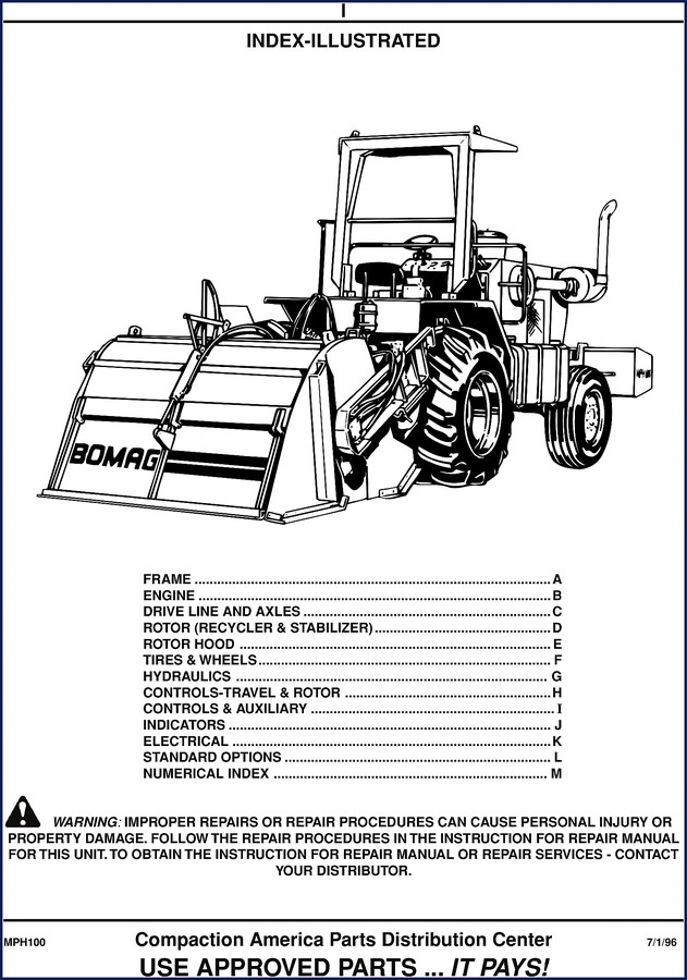 Bomag MPH100 1996 Parts Catalog cover showing machine illustration and original factory document layout