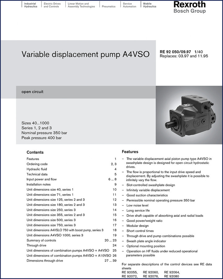 Cover of the Bosch Rexroth A4VSO 1997 Technical Manual, 40 pages, OEM document