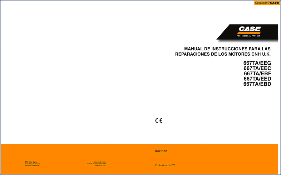 Cover of Case 667TA/EEG 2007 repair manual showing CNH part number and engine model designation