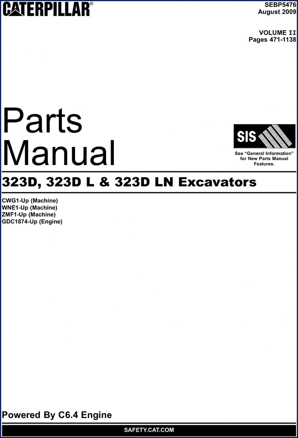 Caterpillar 323D 2009 Parts Catalog cover showing excavator and manual title SEBP5476