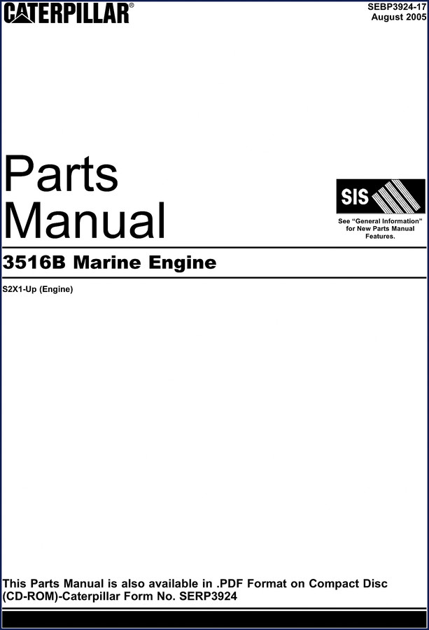 Caterpillar 3516B Marine Engine Parts Catalog 2005 cover page showing engine serial number range and official OEM document marking SEBP3924-17