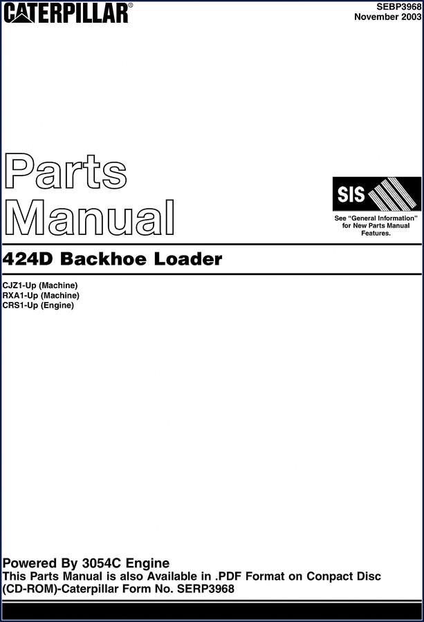 Caterpillar 424D Backhoe Loader 2003 parts catalog cover – official OEM factory manual