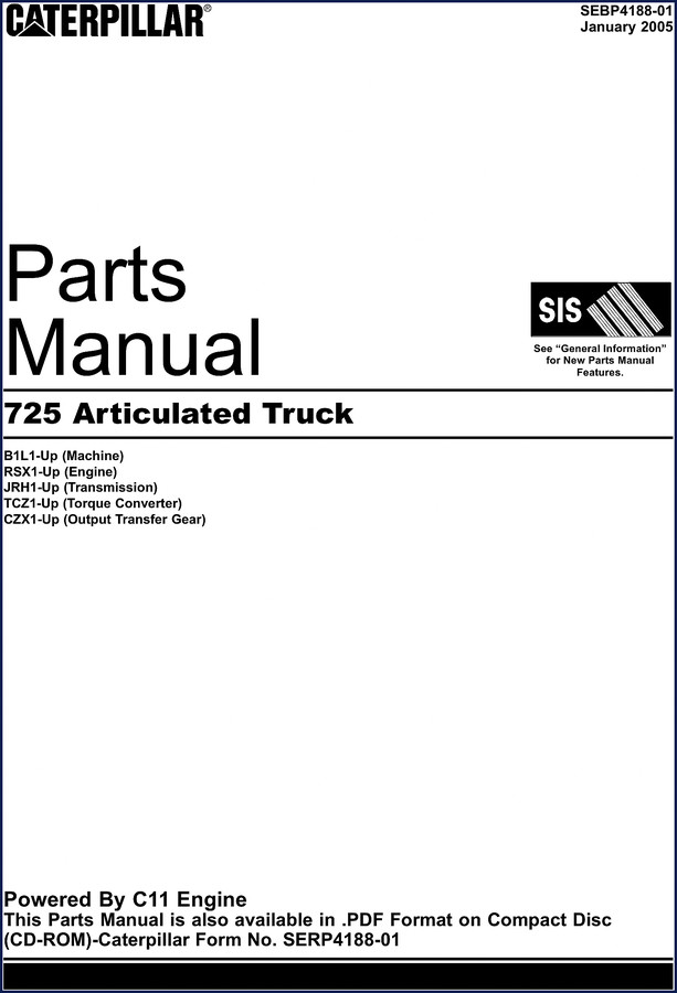 Caterpillar 725 2005 Parts Catalog cover and sample page