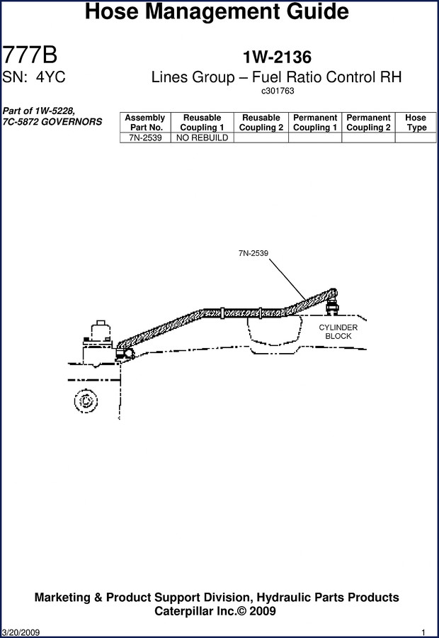 Caterpillar 777B 2009 Technical Manual cover showing hose management guide for SN 4YC
