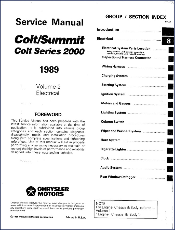 1988 Chrysler Colt Summit Service Manual cover – OEM 328-page factory document
