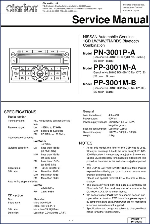 Clarion PN-3001P-A, PP-3001M-A, PP-3001M-B 2007 Service Manual - factory wiring diagrams and troubleshooting