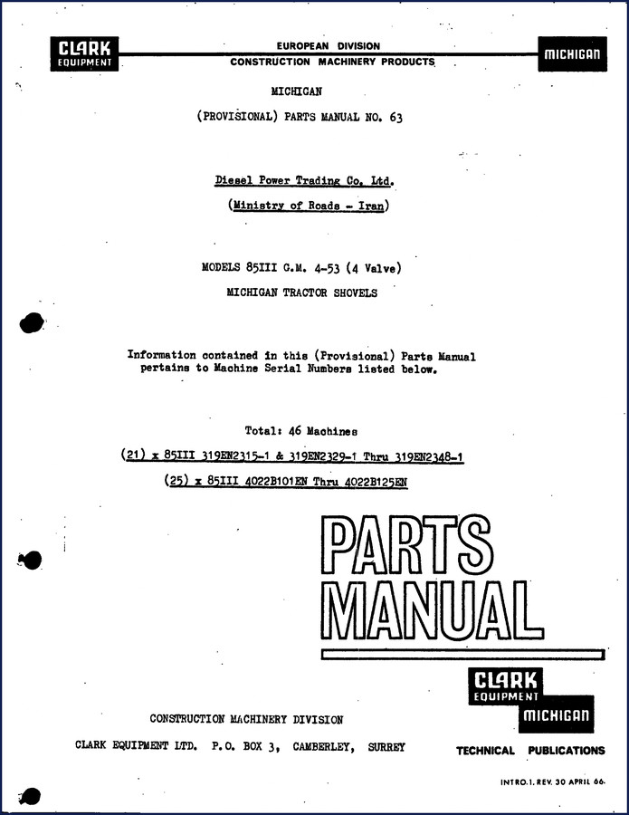 1965 Clark-hurth 85III Michigan tractor shovel factory parts catalog cover