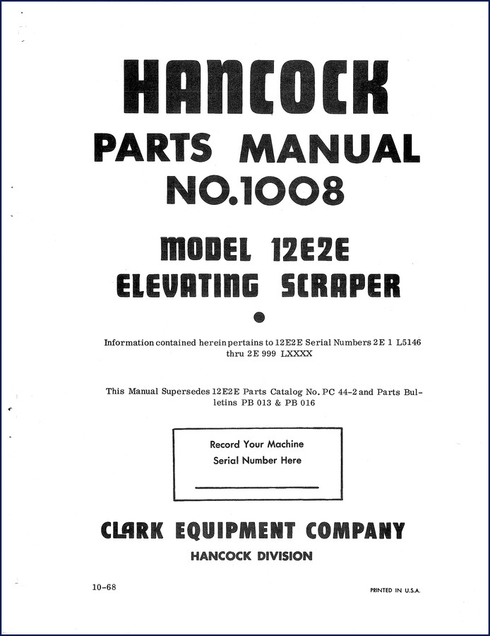 Clark Equipment 12E2E Elevating Scraper 1968 Parts Catalog cover page with Hancock Division branding